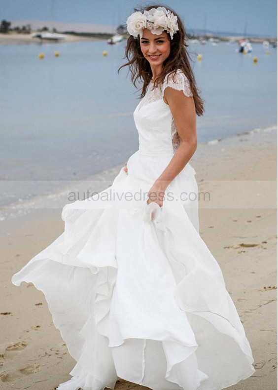 Ivory Lace Chiffon Keyhole Back Cap Sleeves Beach Wedding Dress 